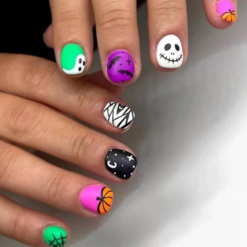 

24 Pcs Halloween Press on Nails Short CEWEWP Square Cartoon Fake Nails Mummy Patch Press ons Nail Tips Orange French Glue on Nails with Terror Color4