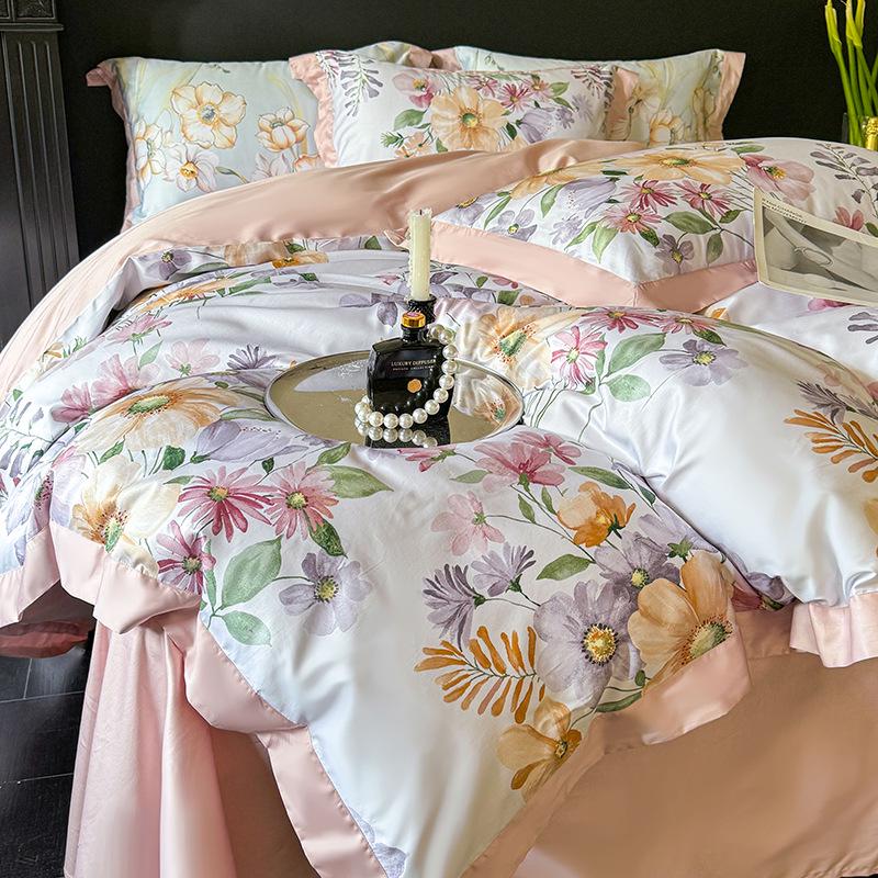 100-Piece Light Luxury Long-Staple Cotton Reactive Print 4-Piece Bedding Set with Wide-Edge Bed Sheet & Duvet Cover