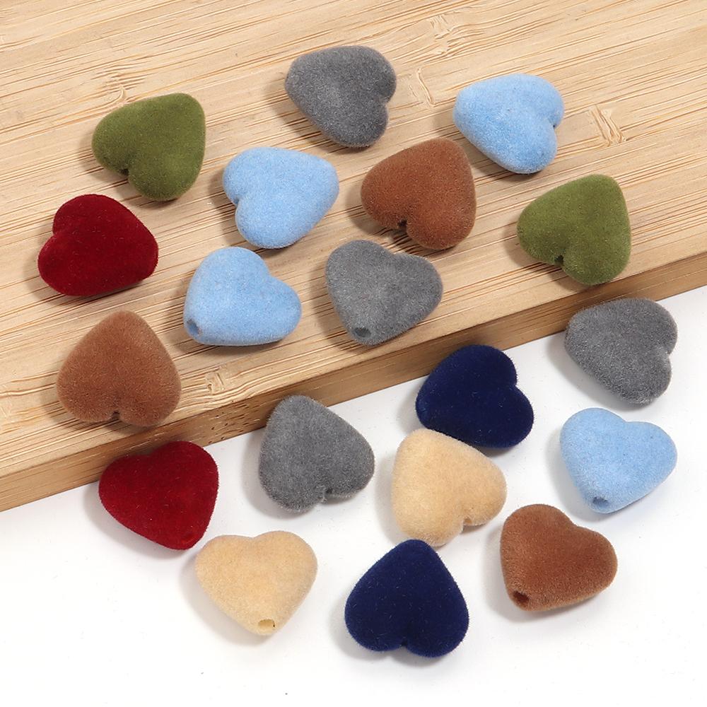 10pcs/Lot 16mm Heart Flocked Acrylic Beads For Jewelry Making Loose Spacer Big Hole Beads DIY Bracelet Necklace Accessories