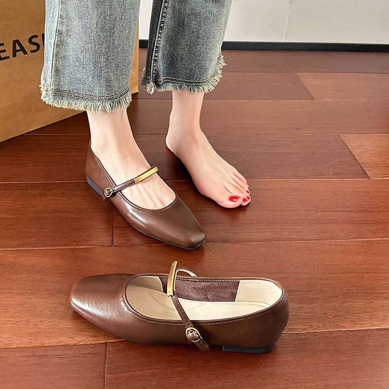 Moonlight Shoes Spring and Summer One-word Buckle Metal Flat Mary Jane Shoes Women with Skirts Single Shoes Women