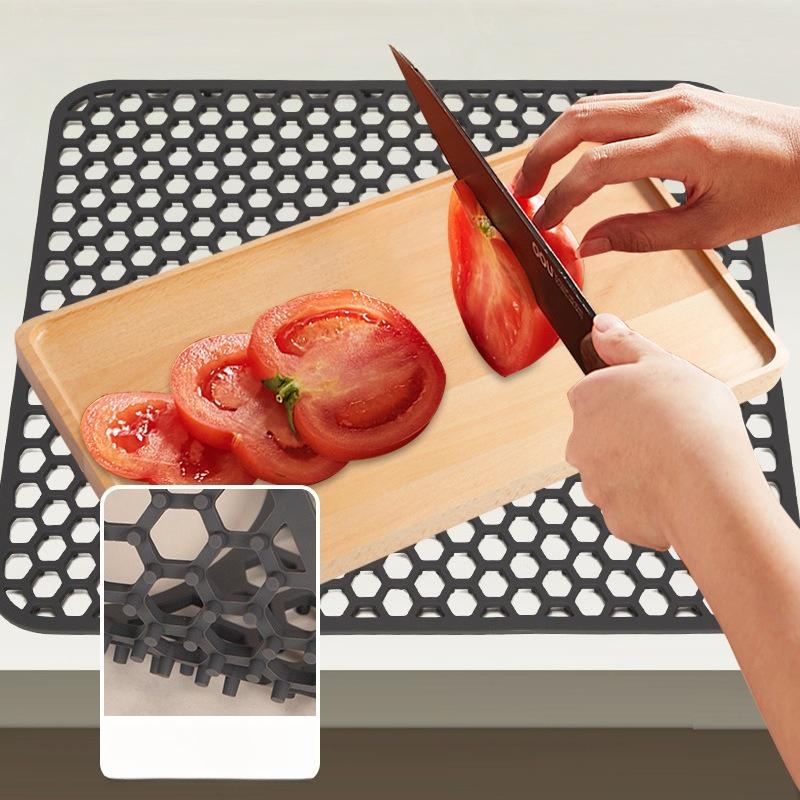 Honeycomb Silicone Kitchen Sink Mat Open Hole Design Anti Slip Scratch Proof Dish Drying Pad