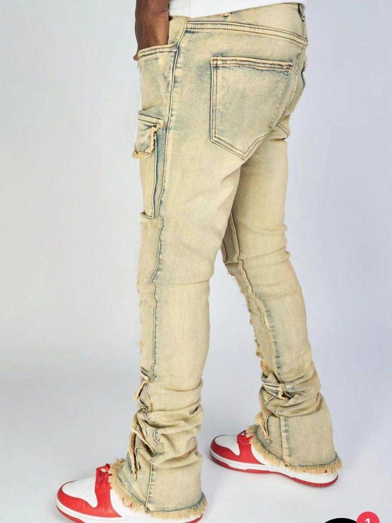 Pantaloni de denim evazați elastic pentru bărbați la modă europeană și americană, cu detalii învechite