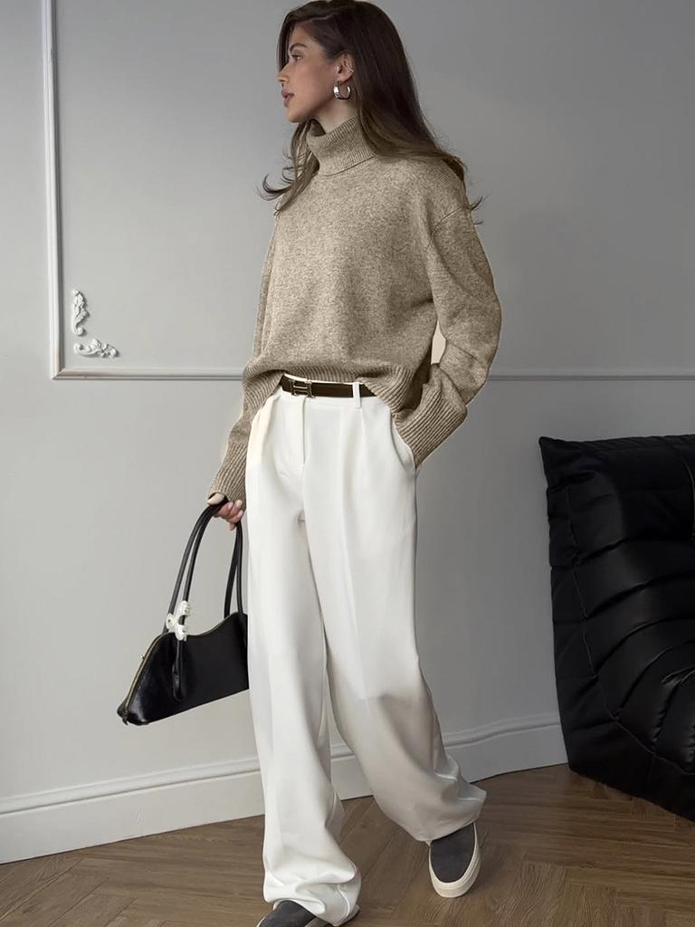 Women's White Ribbed High Neck Relaxed Fit Long Sleeve Sweater