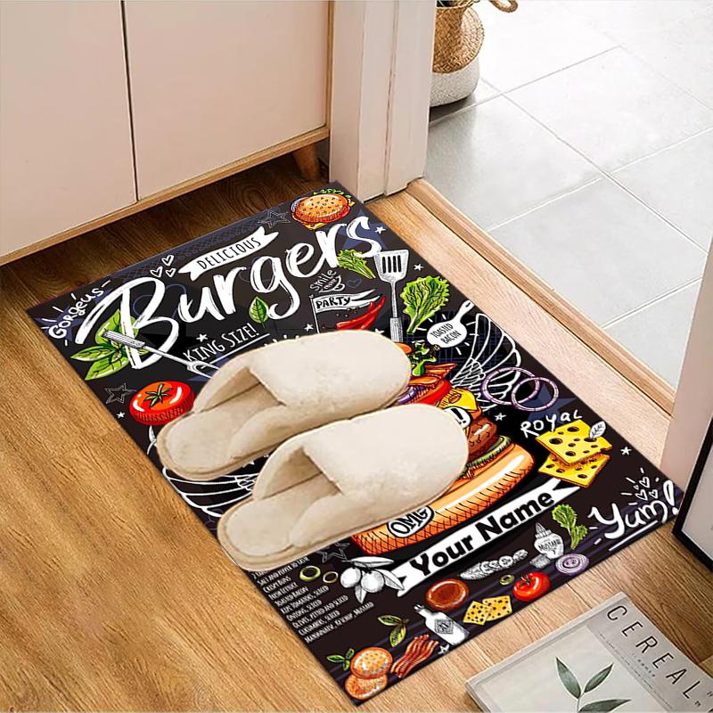 1PC Custom Name Delicious Burgers Poster Theme Floor Mat Ideal for Living Room, Game Rooms, Office, Bedroom, Floor Mat Playful Design