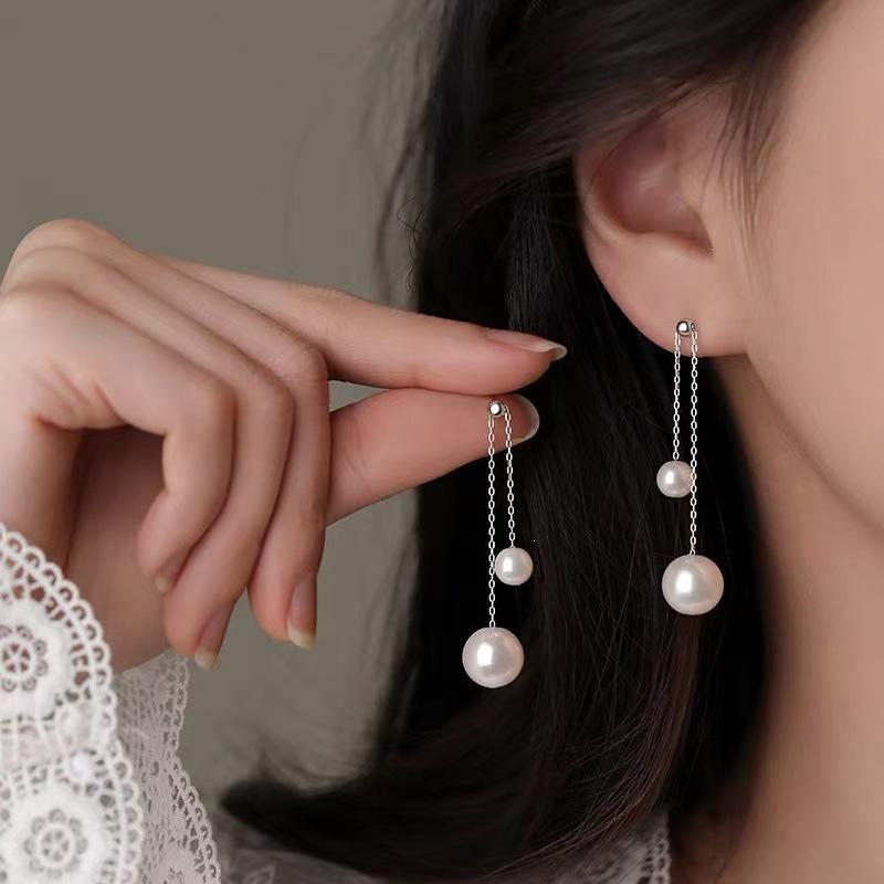 Sterling Silver Pearl Tassel Earrings - Elegant High-End Women's Jewelry