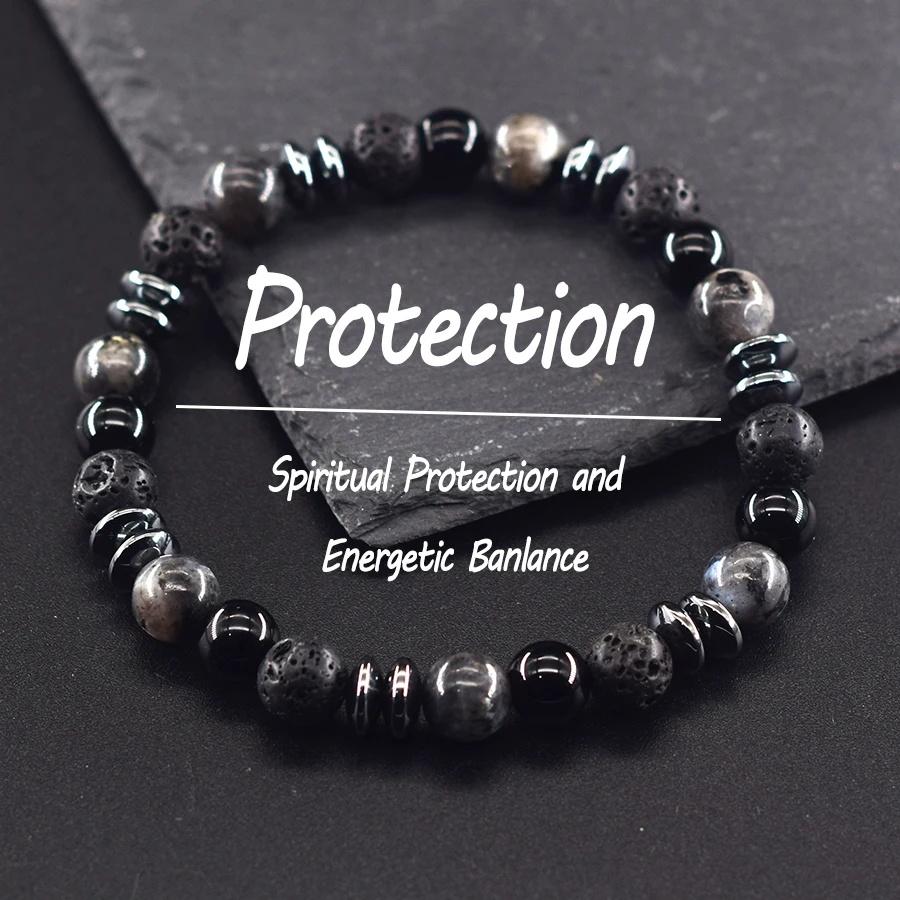 Klassisches Schwarzes Natürliches Labradorit Vulkangestein Perlen Armband Damen Herren Spiritueller Schutz und Energetische Balance Schmuck