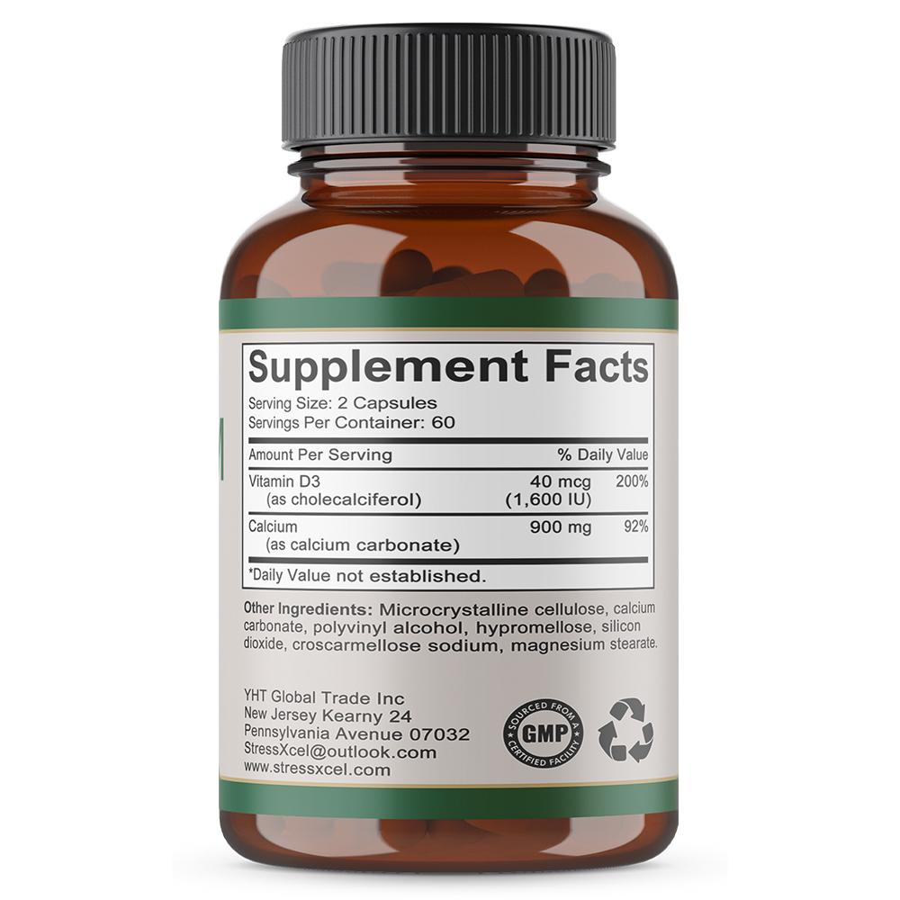 Calcium 900 Mg Dietary Supplement, With Vitamin D3 1600 IU, 120 Capsules Per Bottle