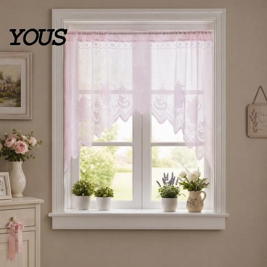 Retro Lace Curtain Half Curtain, Adjustable Lift Structure, Embroidery Floral Sheer Coffee Dustproof Window Screen