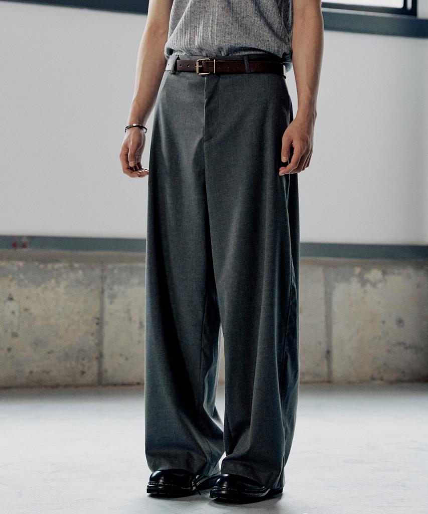 P.IN.O Half-Banding Wide Semi-Curved Slacks - Charcoal