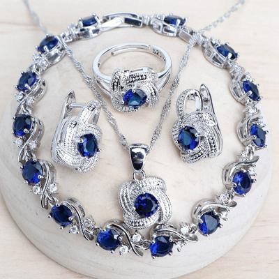 Klassische silberfarbene Hochzeitsschmuck-Sets, Braut-Zirkon-Ringe/Armbänder/Ohrringe/Anhänger-Halsketten-Set für Frauen