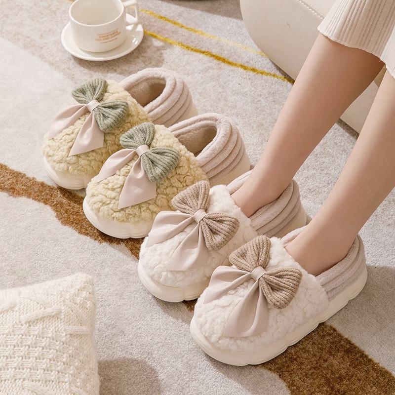 Autumn and winter bag heel warm bow cotton shoes thick sole non-slip non-smelly feet women's home shoes thick soft confinement cotton shoes