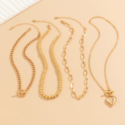 Yousheng 4-teiliges Set Damen Halsketten-Set Herz-Anhänger Runde Büroklammer-Kette Galvanisierte Halskette Verstellbare Verlängerungskette Halskette