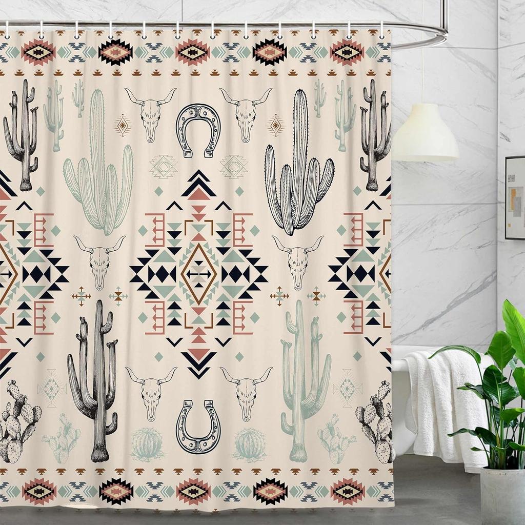 Western Shower Curtain,Abstract Aztec Geometric Southwestern Cactu Skull Bull Bath Accessories Decor, Navajo Native Shower