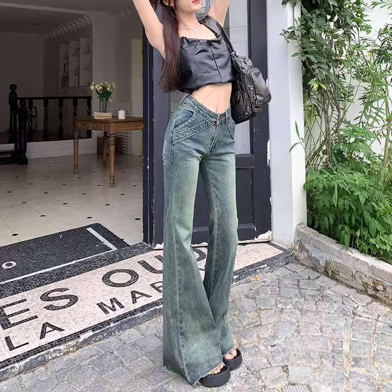 

Women s Low-Waist Retro Micro-Flare Jeans with Raw Hem - Slimming Patchwork Design for Fall/Winter. XL