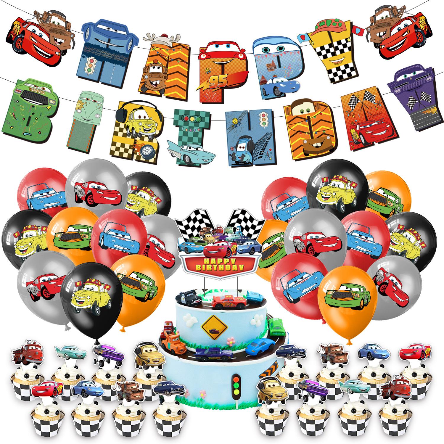 

Car Themed Birthday Party Set – Flag Banner, Racing Balloons & Cake Topper for Kids