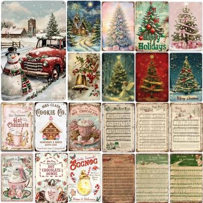 Affiche Métal Vintage Arbres de Noël Père Noël Cadeaux Panneaux Métal Affiches Plaque Art Mural pour Café Bar Bureau Club Fête