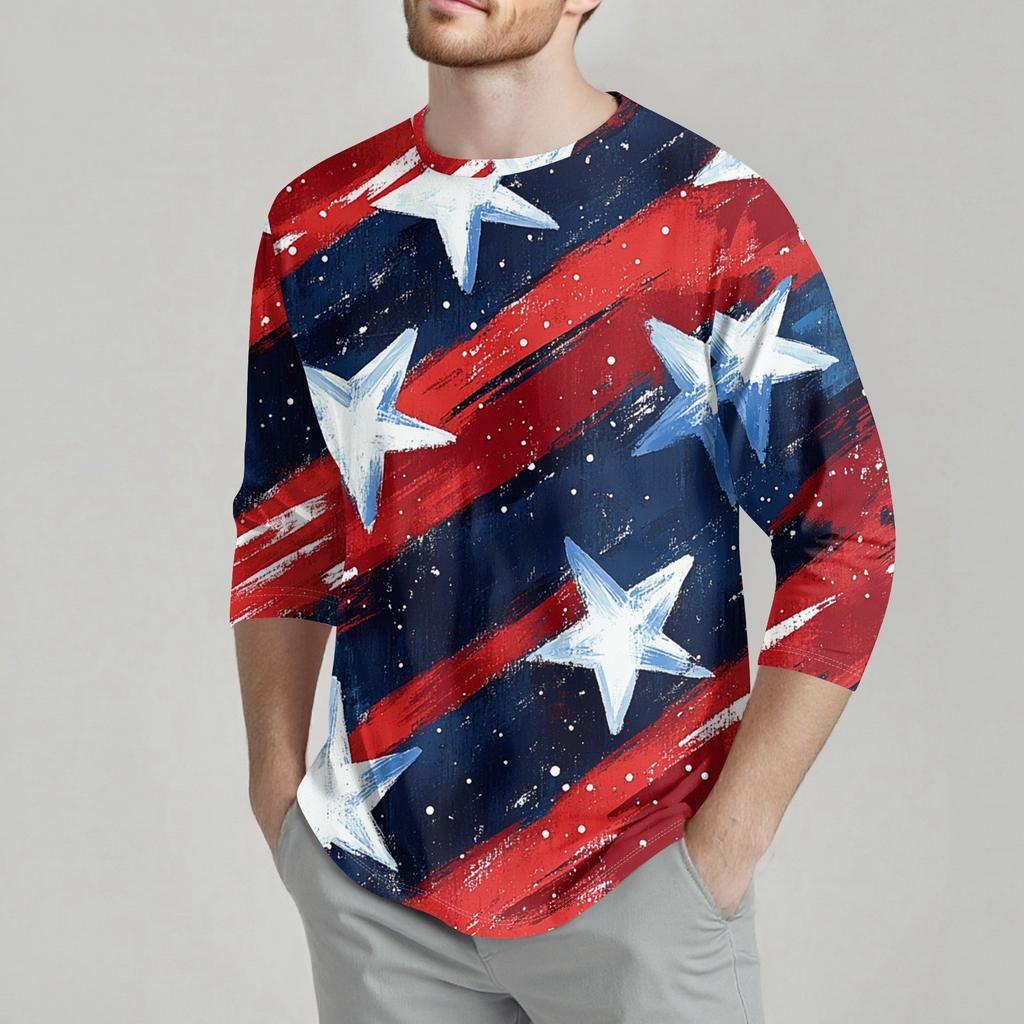 Herrenmode Lässiges T-Shirt mit Unabhängigkeitstag-Print am Hals und sieben Ärmeln