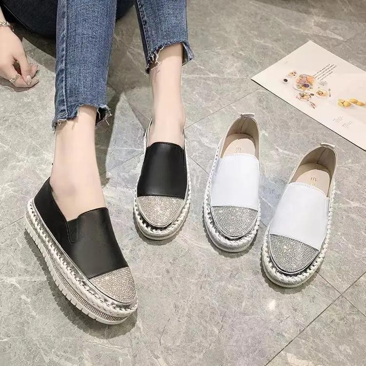 Aphixta Crystals Round Toe Leather Flats Shoes Women Silver Bling Loafers Couple Platform Woman Flat With Students spring autumn