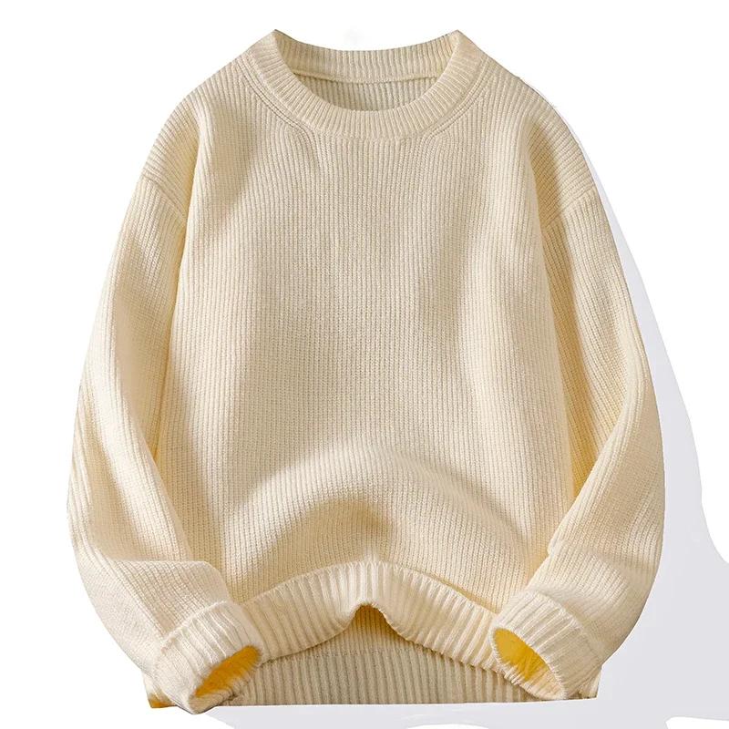 Men's Crew Neck Sweater Solid Color Trend Thickened Knitwear Autumn and Winter Casual Warm Sweater Men's Long Sleeve Vest