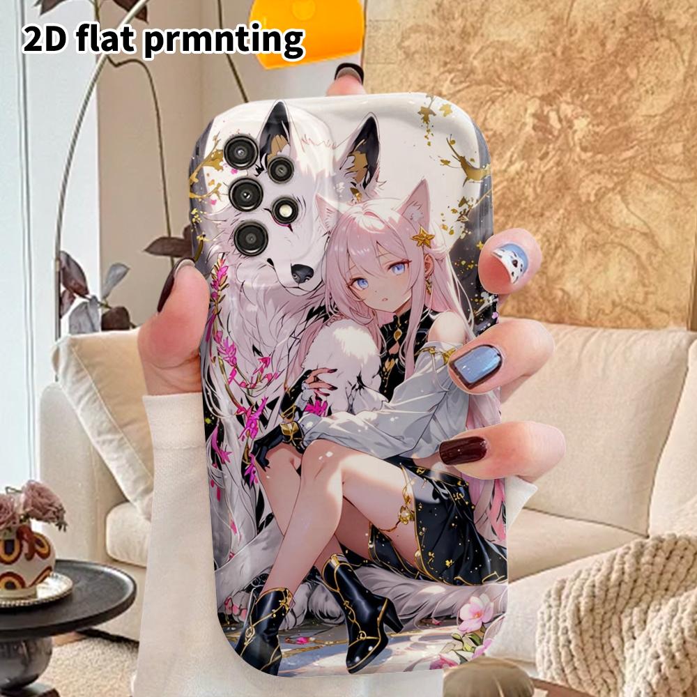 Phone Case: 2D Flat Samsung Galaxy A34 A35 M05 M06 S20 S22 S21 FE Plus 5G Protective Case, Couple Design, Fox Girl and White Wolf, Christmas and Hallo