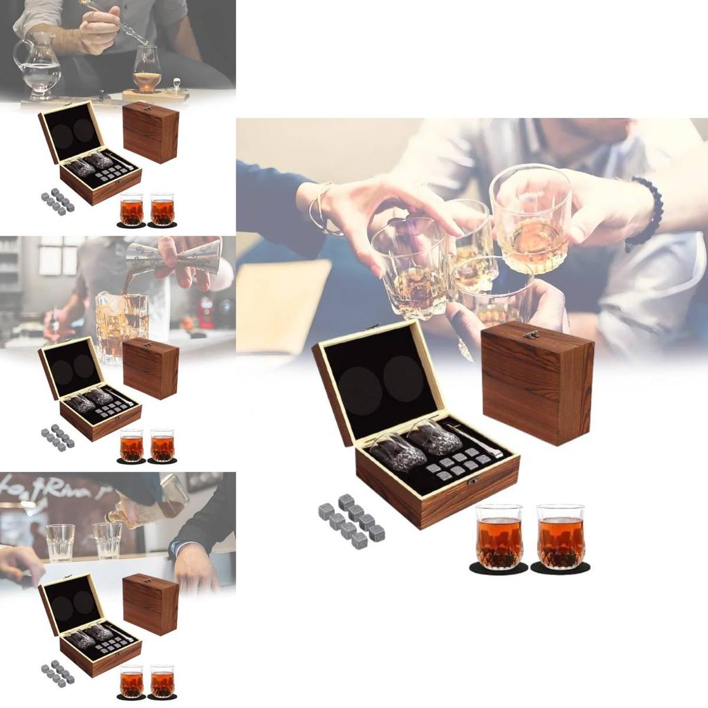 Luxurious Brown Granite Whisky Glasses Set With Whiskey Stones And Wooden Box