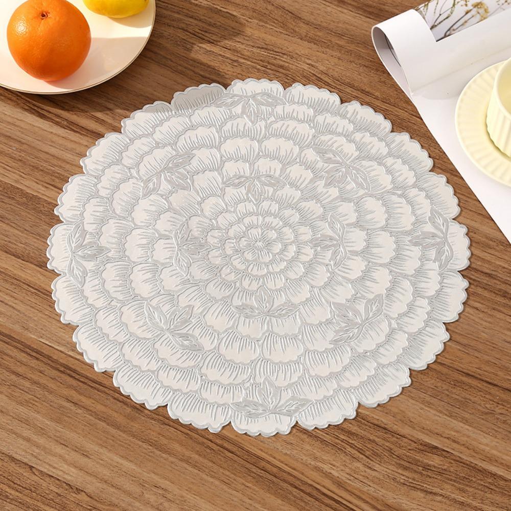 Creative Kitchen Round Placemats PVC Gold Place Mats Flower Leaf Washable Dining Table Mats Party Table Decorative 38-38cm серебряный