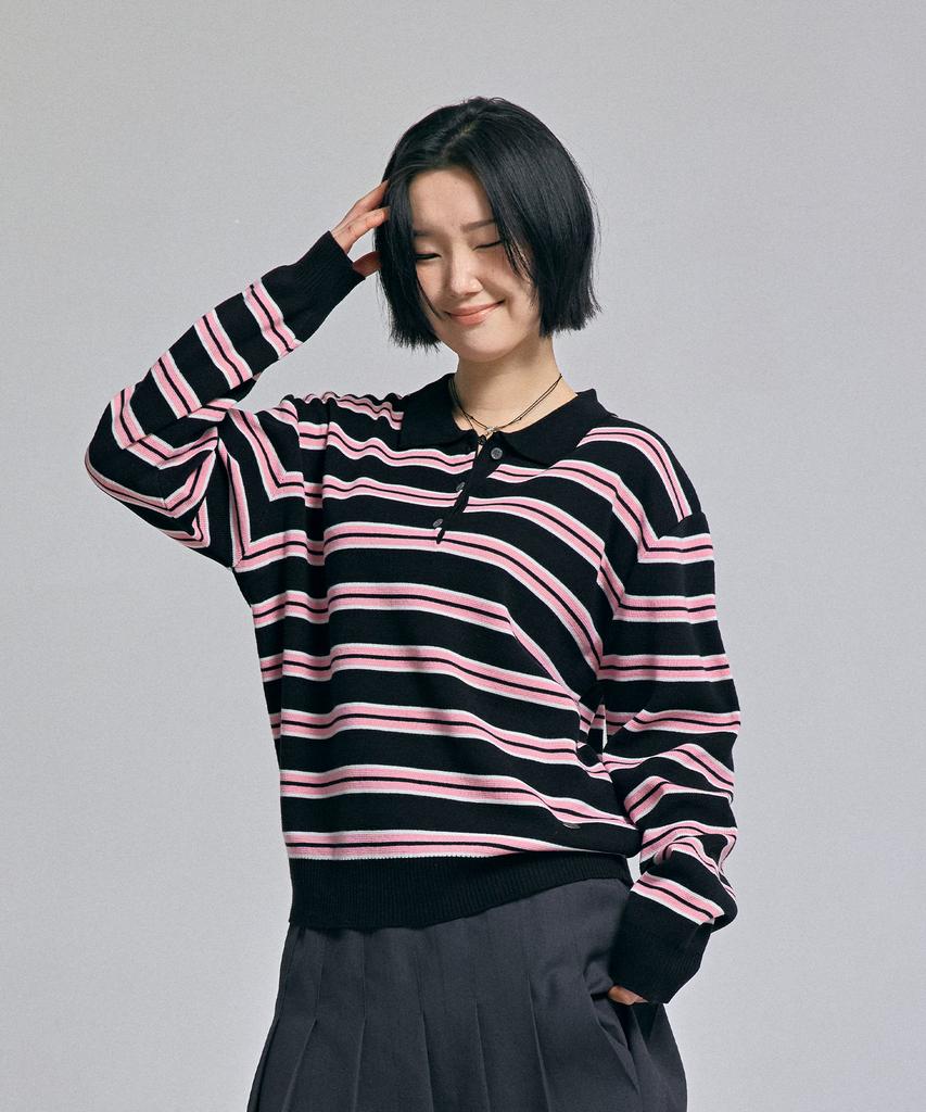 AWESOME STUDIO Multi-Stripe Collared Knit Black
