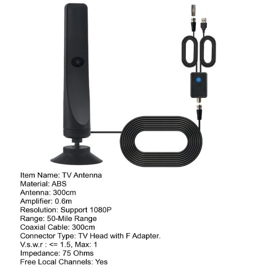 Digital TV Antenna 1080P Standing Suction Cup Supporting 4K 50-Mile Range Free Local Channels All Television