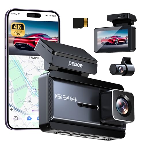 

Pelsee Видеорегистратор с передней и задней камерами 4K UHD 8MP GPS HDR Сверхчеткая ночная съемка WIFI Высокочувствительный сенсор Сверхширокий угол обзора 170° G-сенсор Imp