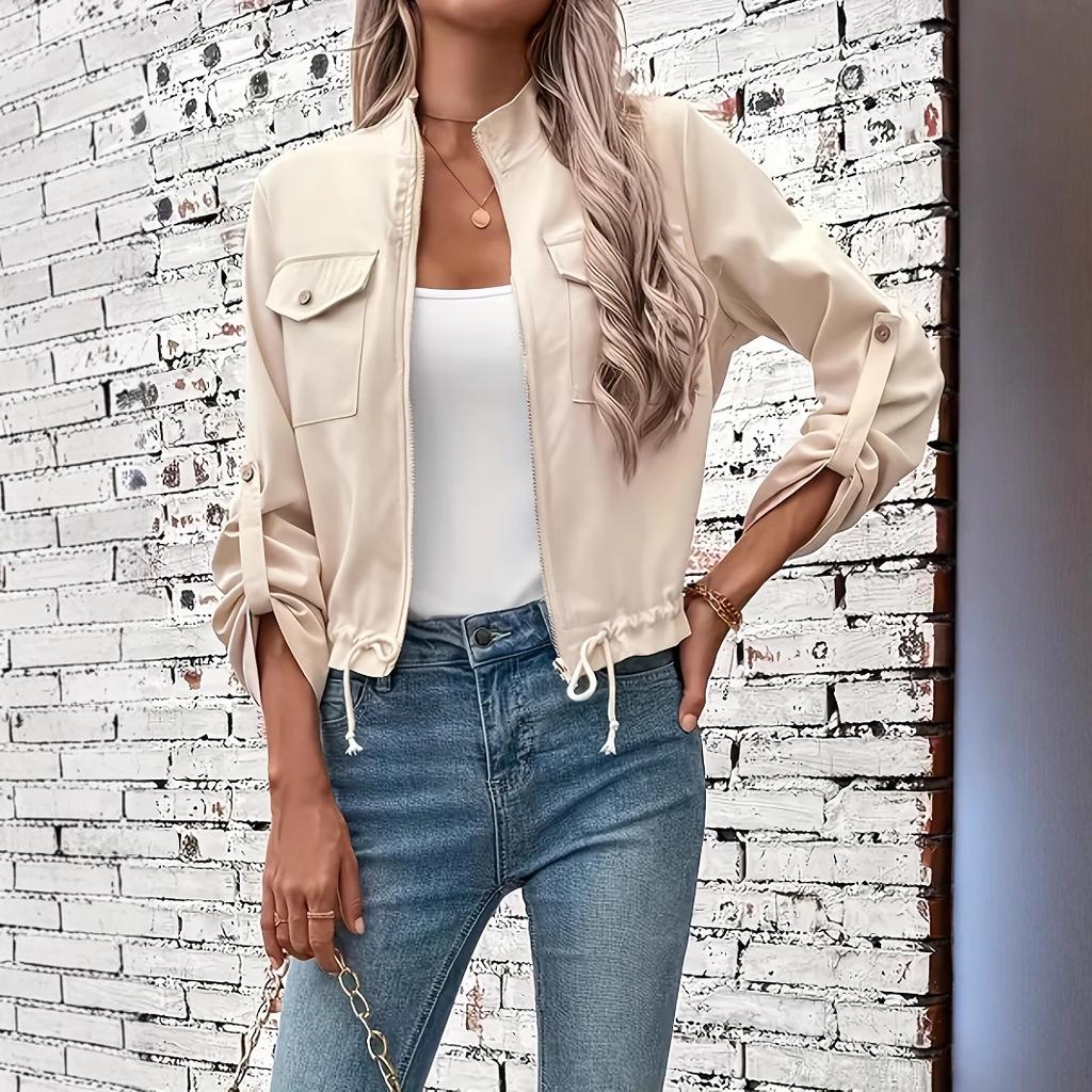 Dámská Cropped Bunda na Zip Stojáček Kapsy s Patkami Ohrnovací Rukávy Boční Stahovací Šňůrka Ležérní Utility Svrchní Oblečení
