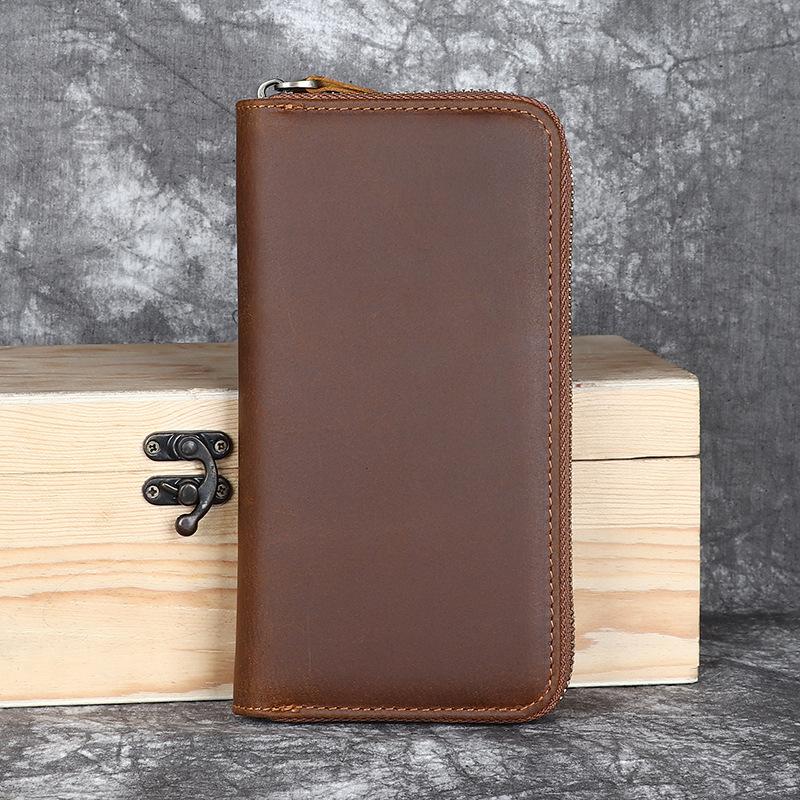 Crazy Horse Leather Men's Handbag, Genuine Leather Long Zipper Wallet, Head Layer Leather Leather, Retro Vintage Leather Bag