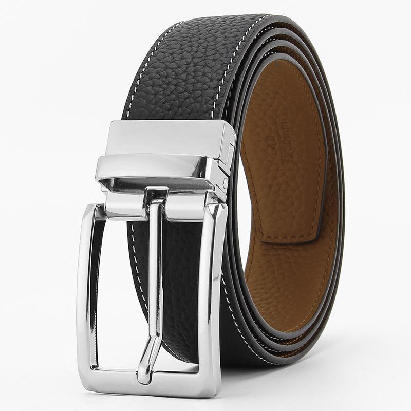 

Новый ремень с пряжкой-пином из кожи первого слоя с узором личи для мужчин, двусторонний из натуральной кожи, повседневный и модный, с вращением 110-130cm