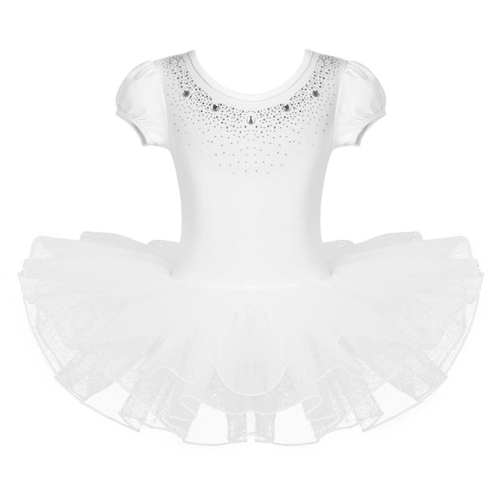 Kids Girls Dance Short Sleeves Ballet Mesh Tutu Dress Child Dancewear Costumes
