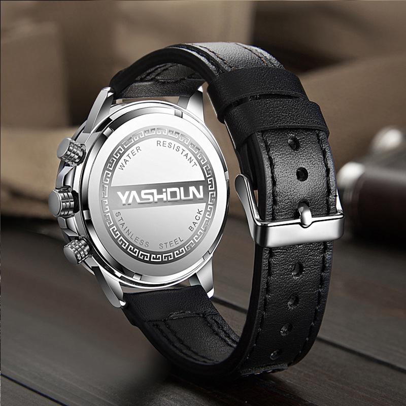 Men's Multi-functional Quartz Sports Watch with Genuine Leather Band
