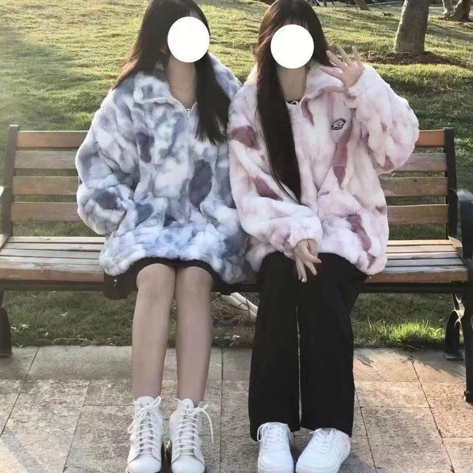 Women's Tie-Dye Double-Sided Fleece Jacket: Lazy Style, Loose Fit, Zipper, Stand-Up Collar, Autumn/Winter Fashion