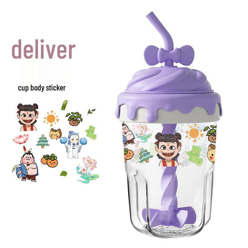 Trendy Glass Portable Mixing Cup - Milk, Coffee & Juice with Straw 400ml фиолетовый