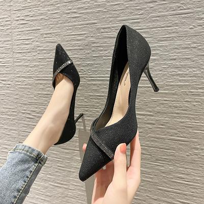 Fairy Shoes Gentle Single Shoes Female Middle Heel New Autumn French Rhinestone Pointed Shoes Light Mouth Stiletto High Heels