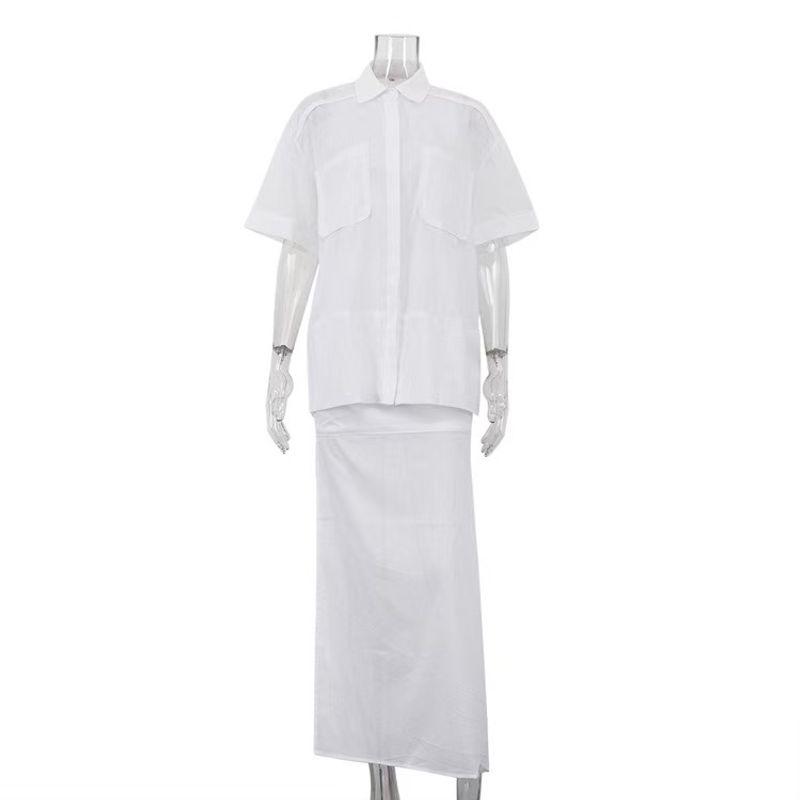 

Fashion Style New Arrival Fashion Polo Collar Short Sleeve Shirt Split Skirt Suit Shirt and Skirt Set White S