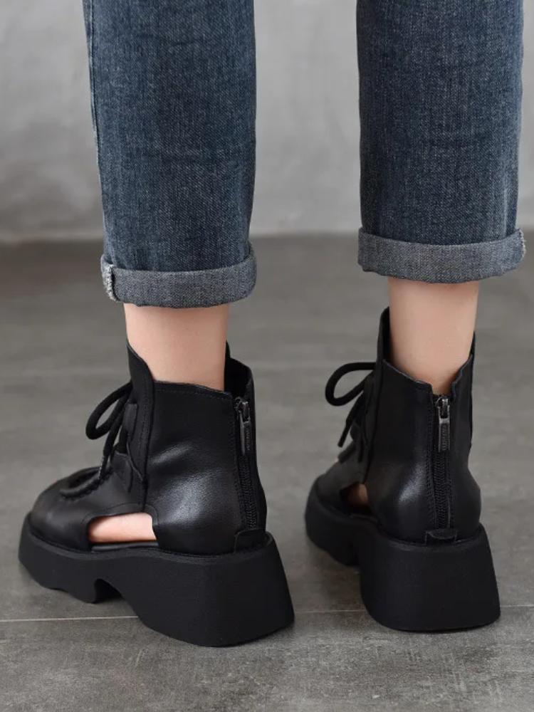 Johnature Genuine Leather Women's Shoes Roman Sandals Vintage Back Zipper Peep Toe Thick Soled Summer Boots