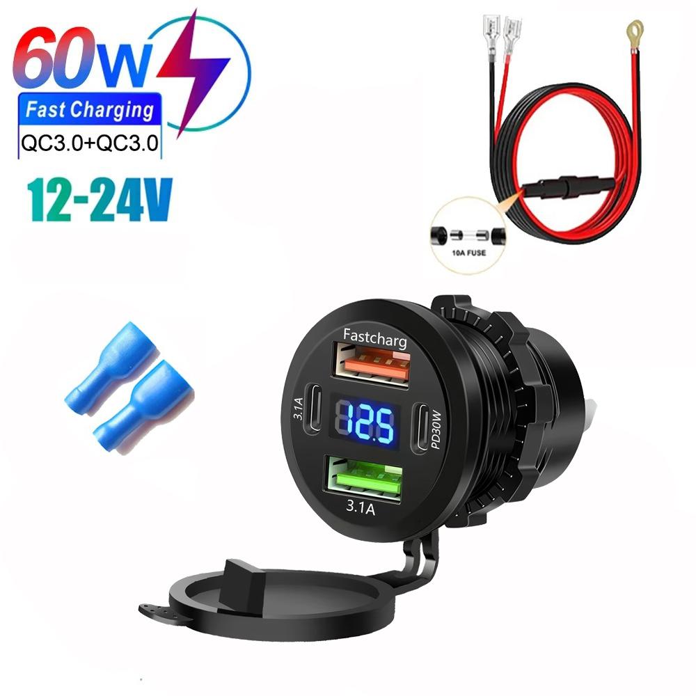 

12v 24v usb car adapter, Fast Car Charger Quick Charger,Dual Port USB Charger Socket USB-C PD & Dual QC 3.0 For Car Motorcycle W