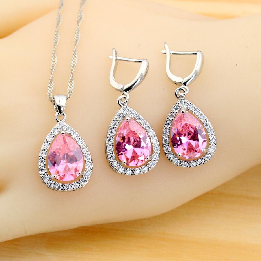 Classic Pink Zirconia Water Drop   Jewelry Sets For Women Earrings Necklace Ring Bracelet Wedding Gift