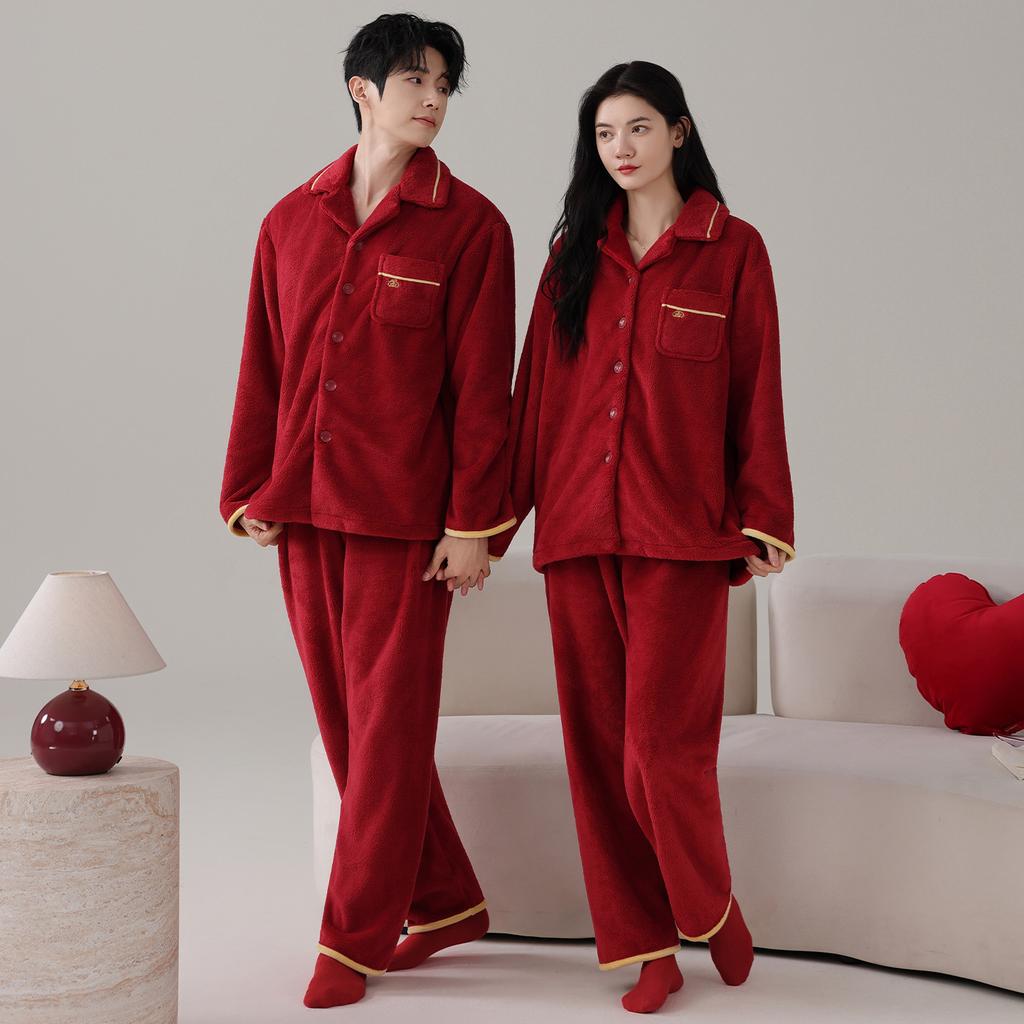 Red Wedding Couple Pajamas Women'S Coral Fleece Thickened Warm Wedding Flannel Loungewear Natal Year Suit Men