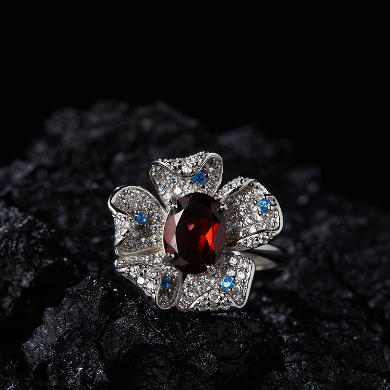 S925 Sterling Silver Natural Topaz Garnet Color Treasure Ring Women'S Fashion Trendy Flower Design Xiaohongshu
