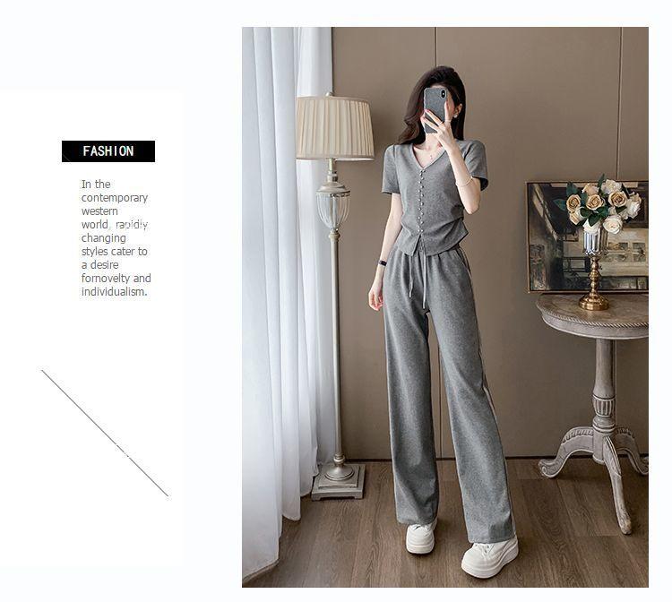 Women's Summer Casual Two-Piece Set: Stylish Korean Short Sleeve Top & Wide Leg Pants