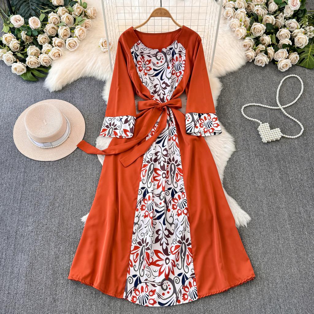 Podzimní Vintage Dámské Tištěné Patchworkové Dlouhé Šaty Elegantní O-Výstřih Vysoký Pas A-Linie Ležérní Maxi Šaty Dámské Sváteční Šaty