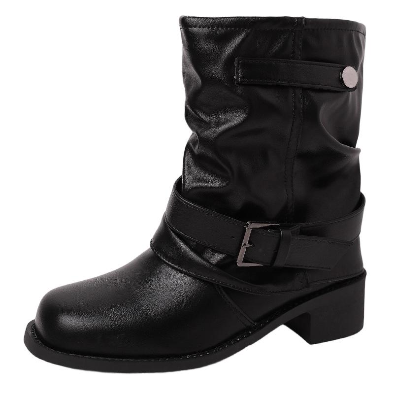 Fashion Versatile Pleated Square Head Thick Heel Martin Boots Women's Autumn and Winter New Belt Buckle Heightened and Thin Women's Boots