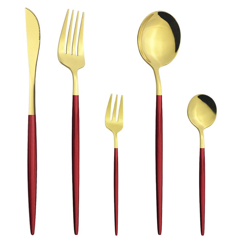 5Pcs White Gold Dinnerware Cutlery Set Knife Dessert Fork Coffee Spoon Tableware Stainless Steel Dinner Flatware Silverware Set