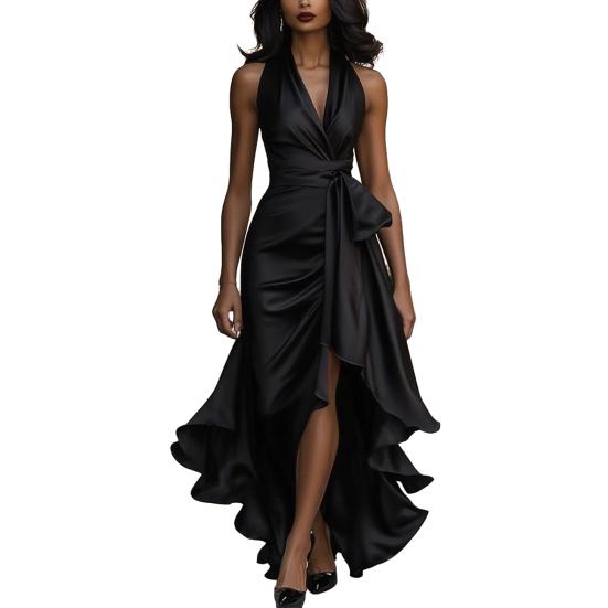 Damen Rüschen Satin High Low Ballkleid Ärmellos V-Ausschnitt Neckholder Bindegürtel Midi Kleid Hochzeitsgast Party Cocktailkleid