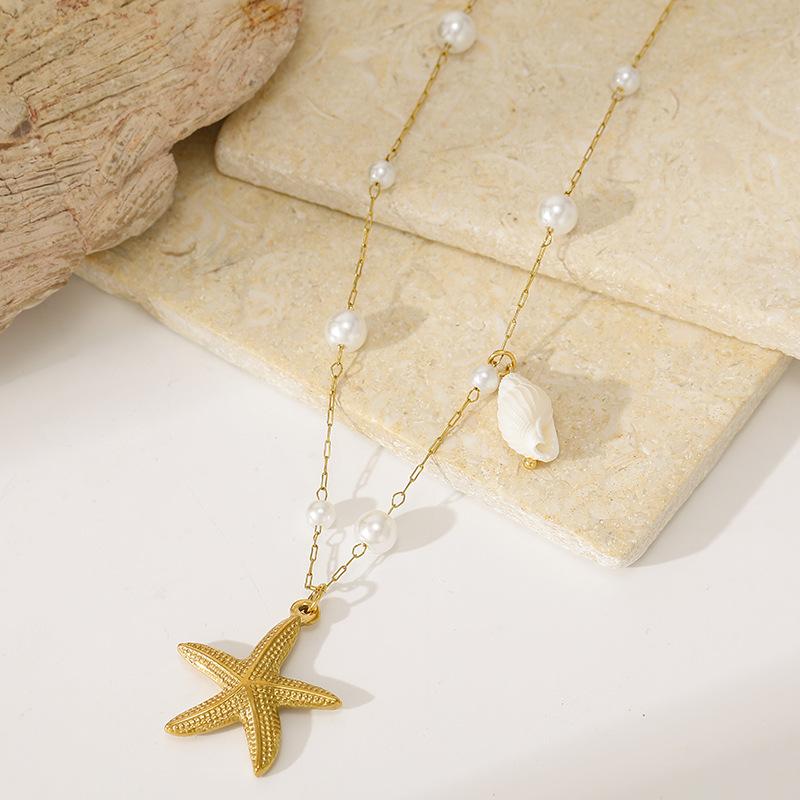 New Beach Summer Fashion Starfish Necklace Versatile Daily Imitation Pearl Set Stainless Steel