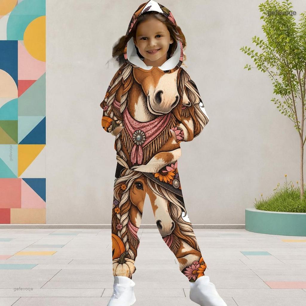 Girls Hooded Long Sleeve Owl Book Printed Two Piece Set Kangaroo Pocket Cuffed Pants